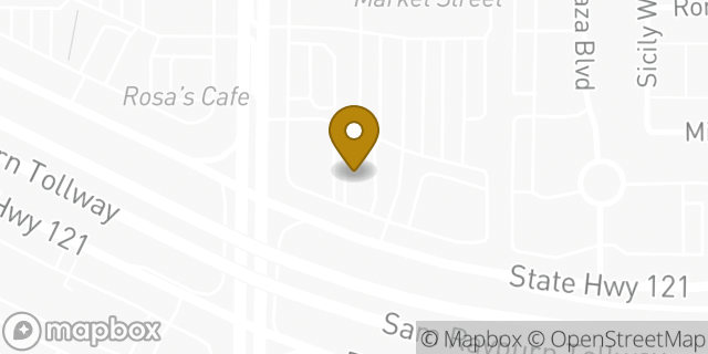Map showing the location of Hwy 121 & Denton Tap in Coppell, TX 75019