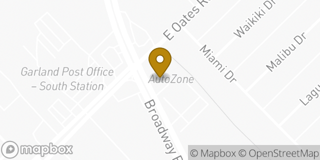 Map showing the location of AutoZone in Garland, TX 75043